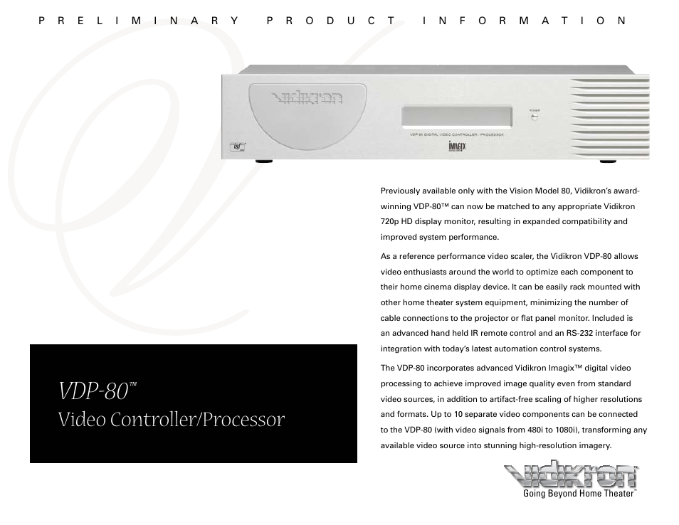 Vidikron Video Controller/Processor VDP-80 User Manual | 2 pages