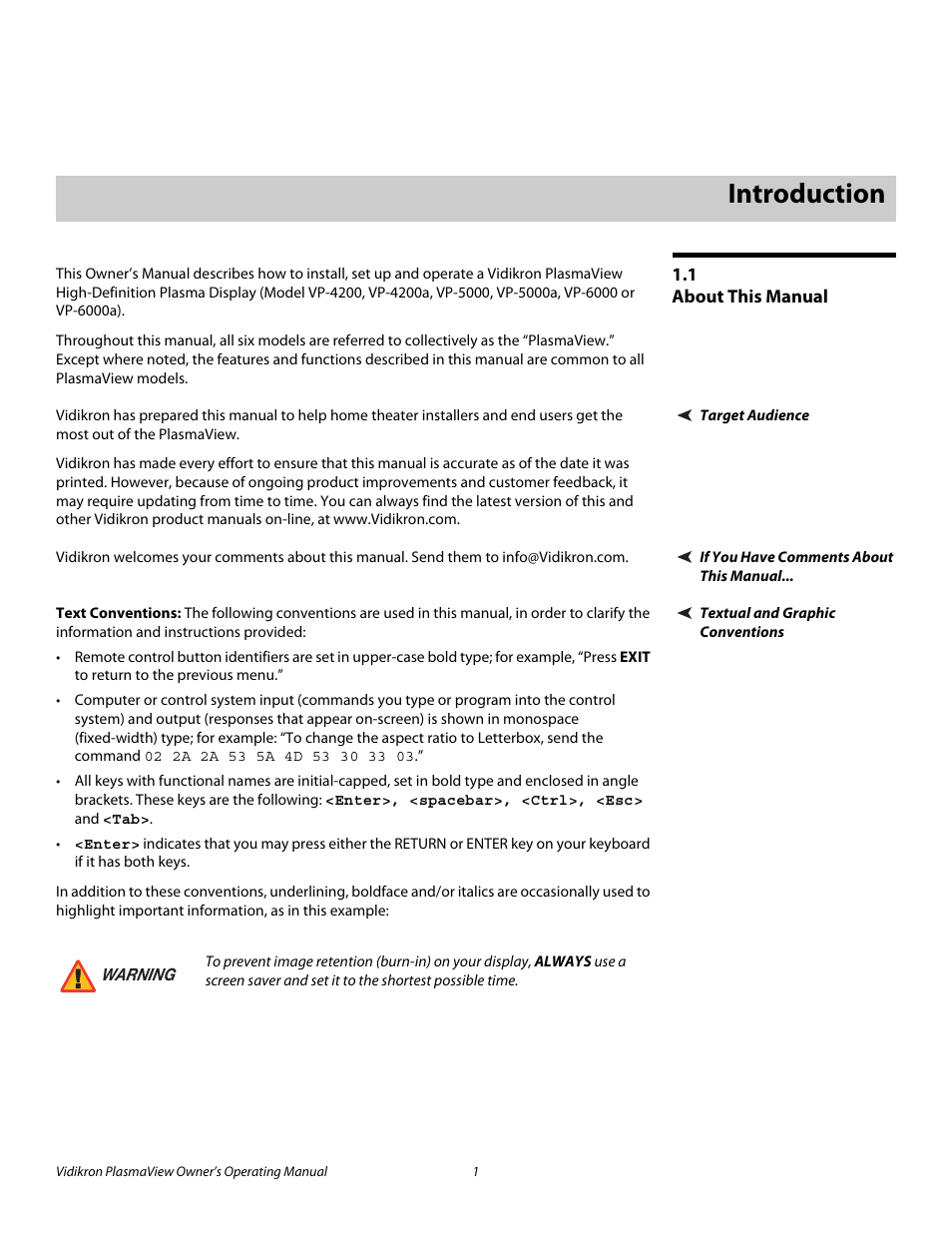 1 introduction, 1 about this manual, Target audience | If you have comments about this manual, Textual and graphic conventions, Text conventions, Introduction, About this manual, Pre l iminar y | Vidikron VP-6000a User Manual | Page 11 / 84