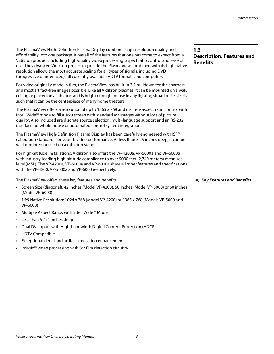 3 description, features and benefits, Key features and benefits, Description, features and benefits | Pre l iminar y | Vidikron VP-6000a User Manual | Page 13 / 84