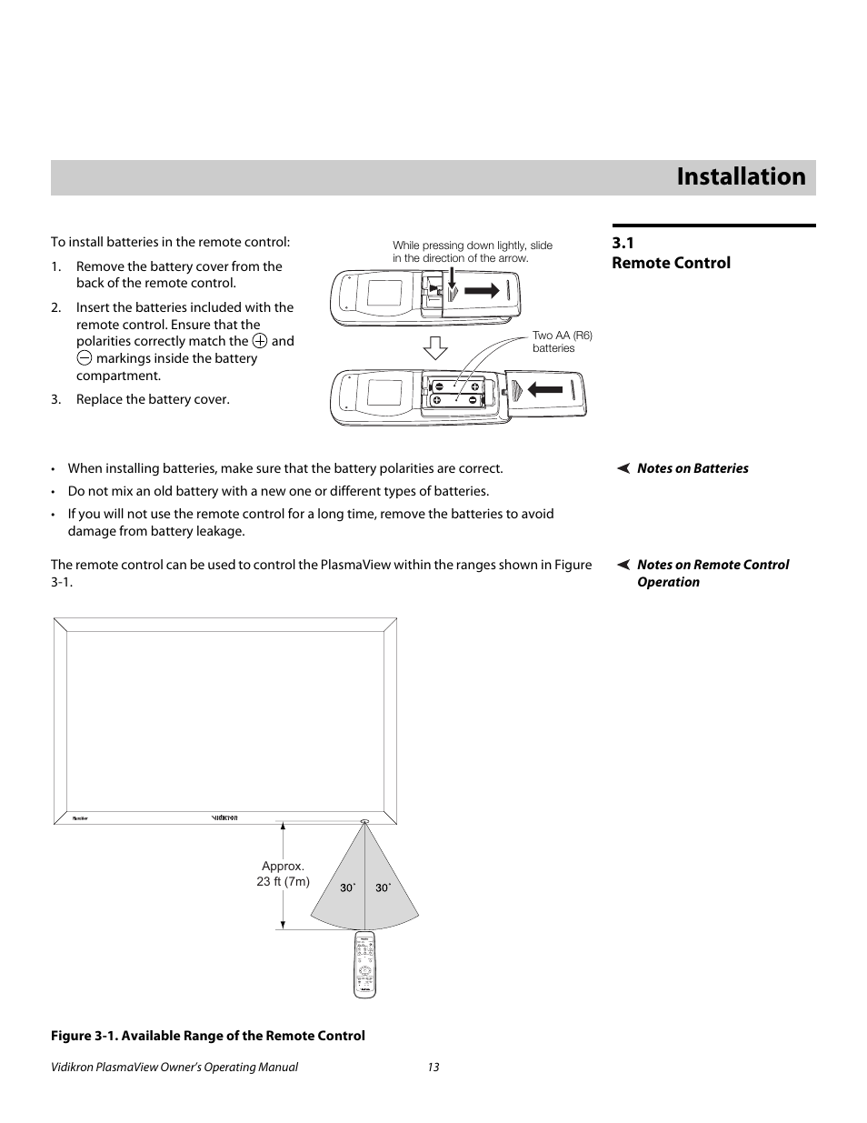 3 installation, 1 remote control, Notes on batteries | Notes on remote control operation, Figure 3-1 . available range of the remote control, Installation, Remote control, 1. available range of the remote control, Pre l iminar y | Vidikron VP-6000a User Manual | Page 23 / 84