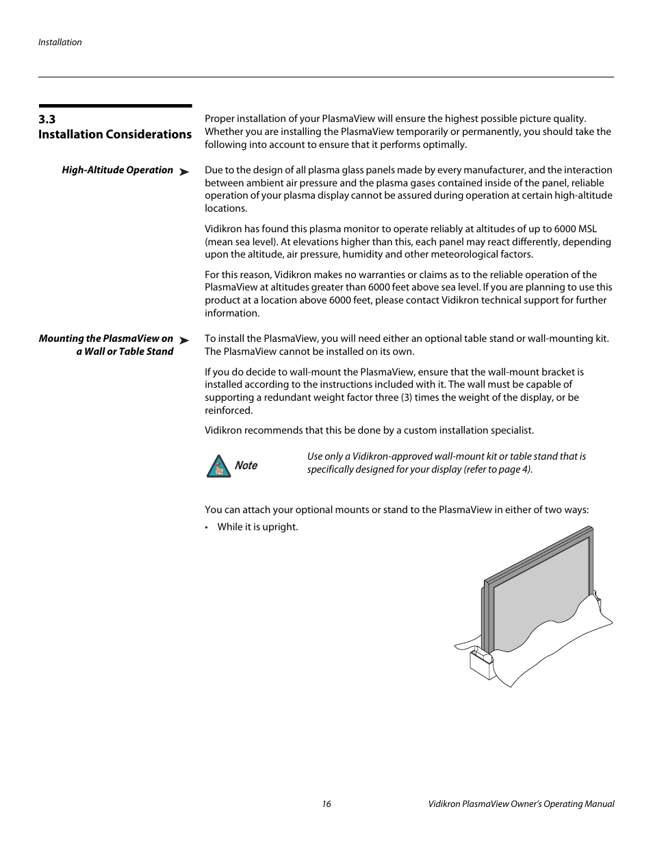 3 installation considerations, High-altitude operation, Mounting the plasmaview on a wall or table stand | Installation considerations, Pre l iminar y | Vidikron VP-6000a User Manual | Page 26 / 84