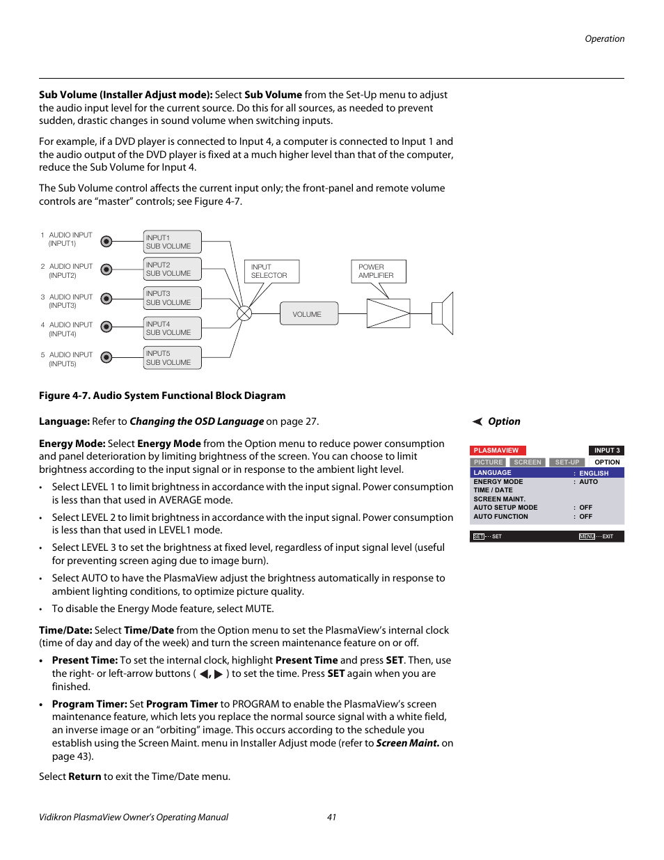 Sub volume (installer adjust mode), Figure 4-7 . audio system functional block diagram, Option | Language, Energy mode, Time/date, 7. audio system functional block diagram, Pre l iminar y | Vidikron VP-6000a User Manual | Page 51 / 84