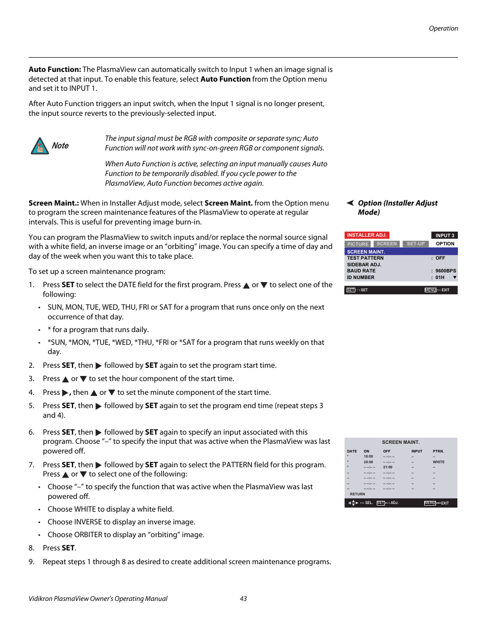 Auto function, Option (installer adjust mode), Screen maint | Pre l iminar y | Vidikron VP-6000a User Manual | Page 53 / 84
