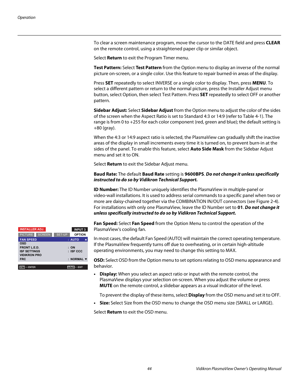 Test pattern, Sidebar adjust, Baud rate | Id number, Fan speed, Pre l iminar y | Vidikron VP-6000a User Manual | Page 54 / 84
