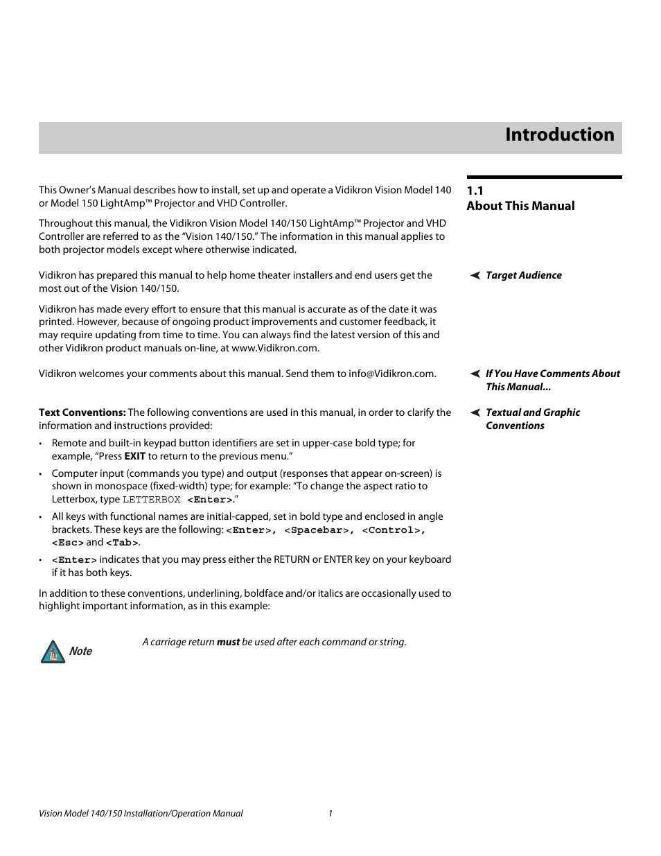 1 introduction, 1 about this manual, Target audience | If you have comments about this manual, Textual and graphic conventions, Text conventions, Introduction, About this manual, Pre l iminar y | Vidikron Vision 150 User Manual | Page 15 / 116