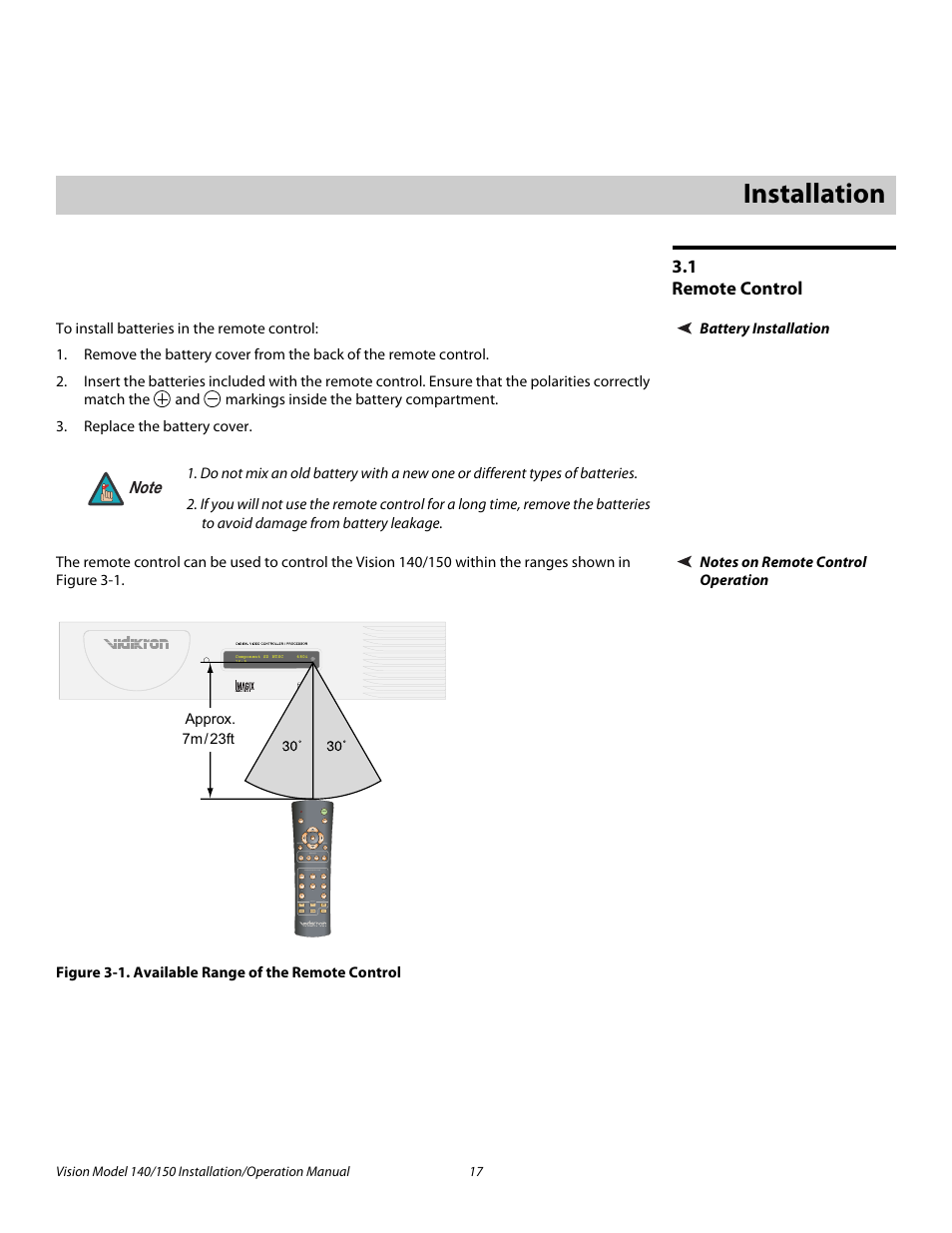 3 installation, 1 remote control, Battery installation | Notes on remote control operation, Figure 3-1 . available range of the remote control, Installation, Remote control, 1. available range of the remote control, Pre l iminar y | Vidikron Vision 150 User Manual | Page 31 / 116