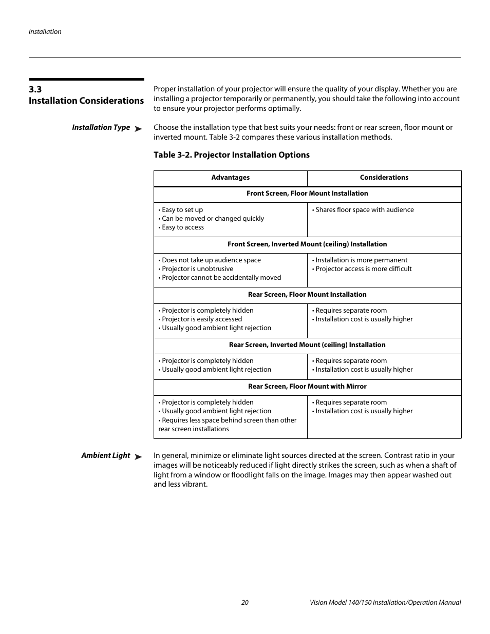 3 installation considerations, Installation type, Table 3-2 . projector installation options | Ambient light, Installation considerations, Pre l iminar y | Vidikron Vision 150 User Manual | Page 34 / 116