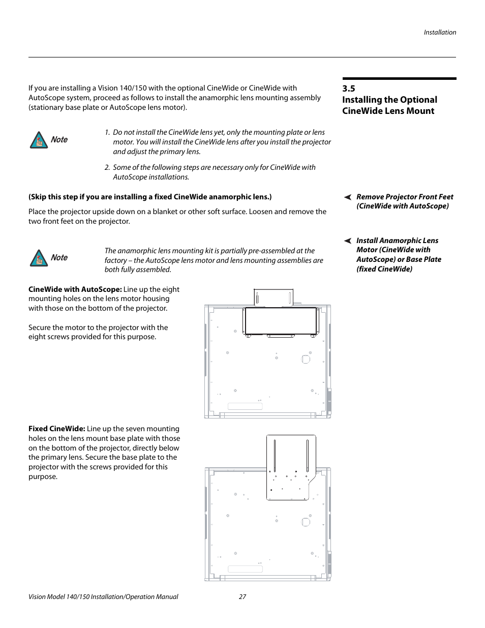 5 installing the optional cinewide lens mount, Cinewide with autoscope, Fixed cinewide | Installing the optional cinewide lens mount, Fixed cinewide), Pre l iminar y | Vidikron Vision 150 User Manual | Page 41 / 116