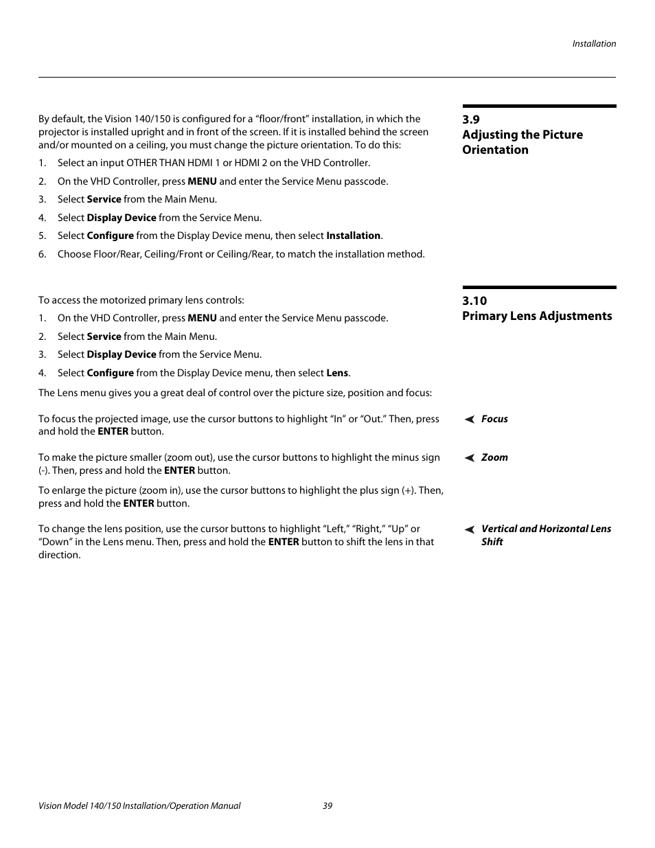 9 adjusting the picture orientation, 10 primary lens adjustments, Focus | Zoom, Vertical and horizontal lens shift, Adjusting the picture orientation, Primary lens adjustments, Pre l iminar y | Vidikron Vision 150 User Manual | Page 53 / 116