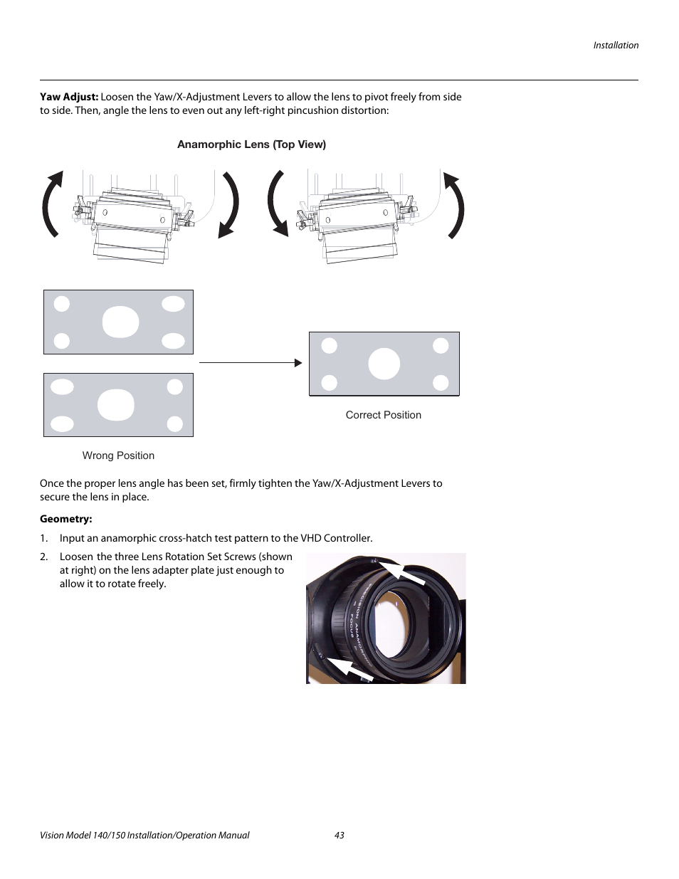 Yaw adjust, Geometry, Pre l iminar y | Vidikron Vision 150 User Manual | Page 57 / 116