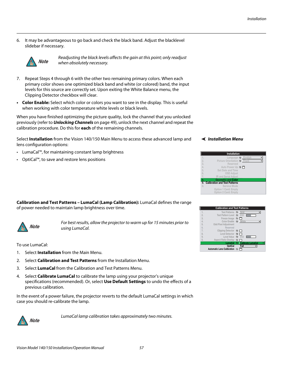 Installation menu, Pre l iminar y | Vidikron Vision 150 User Manual | Page 71 / 116