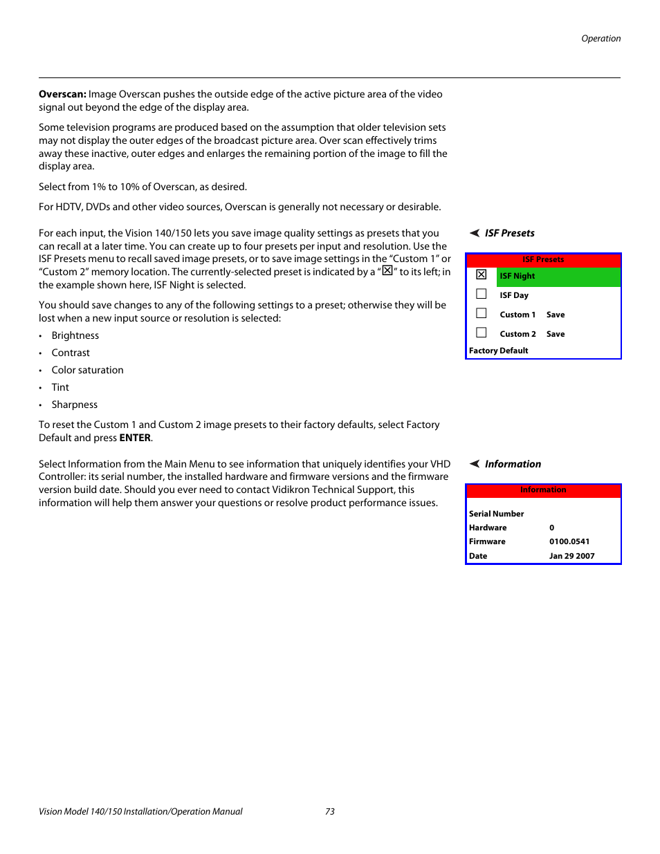 Overscan, Isf presets, Information | Pre l iminar y | Vidikron Vision 150 User Manual | Page 87 / 116