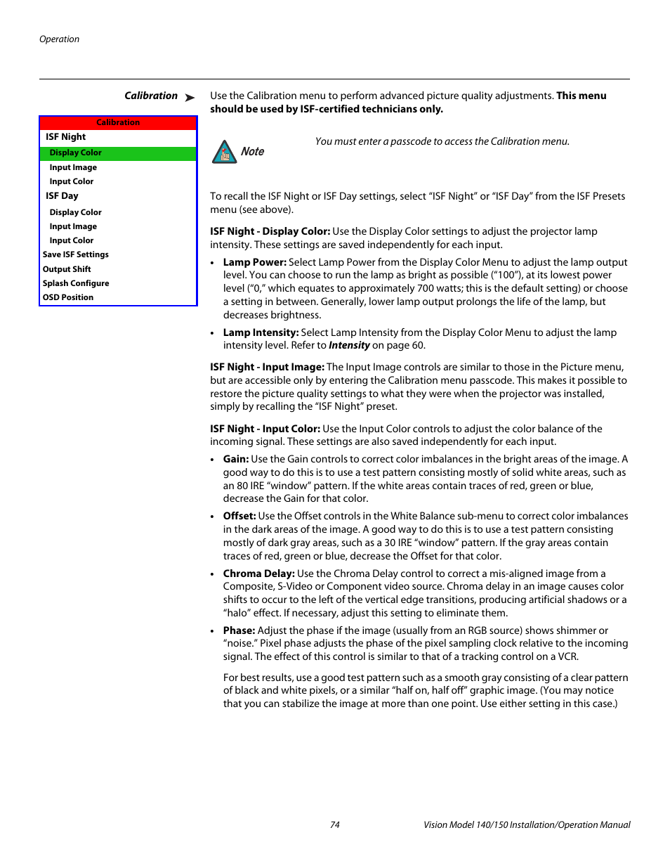 Calibration, Isf night - display color, Isf night - input image | Isf night - input color, Pre l iminar y | Vidikron Vision 150 User Manual | Page 88 / 116