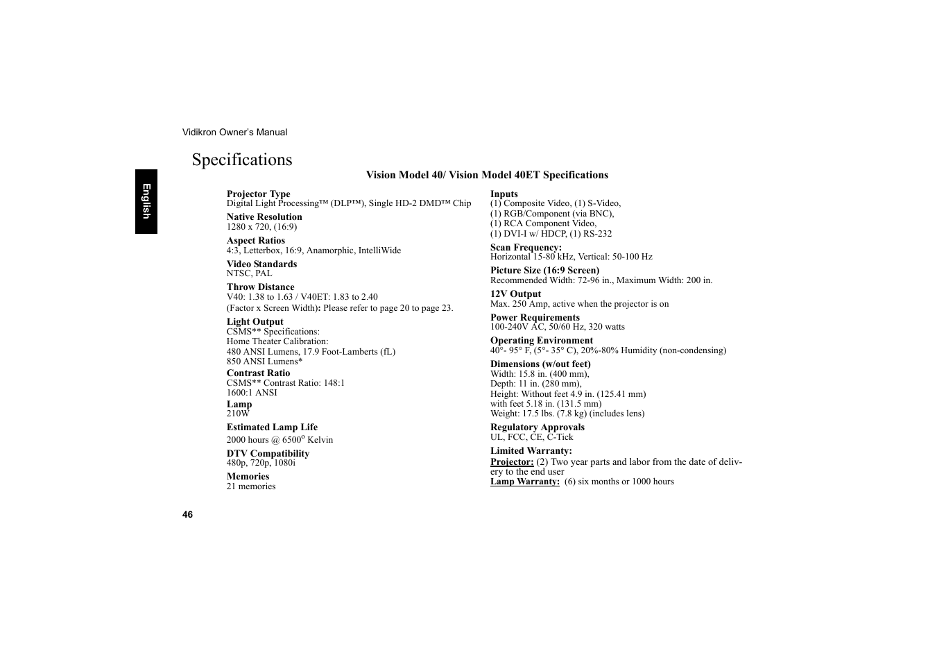 Specifications | Vidikron 40 40ET User Manual | Page 47 / 52