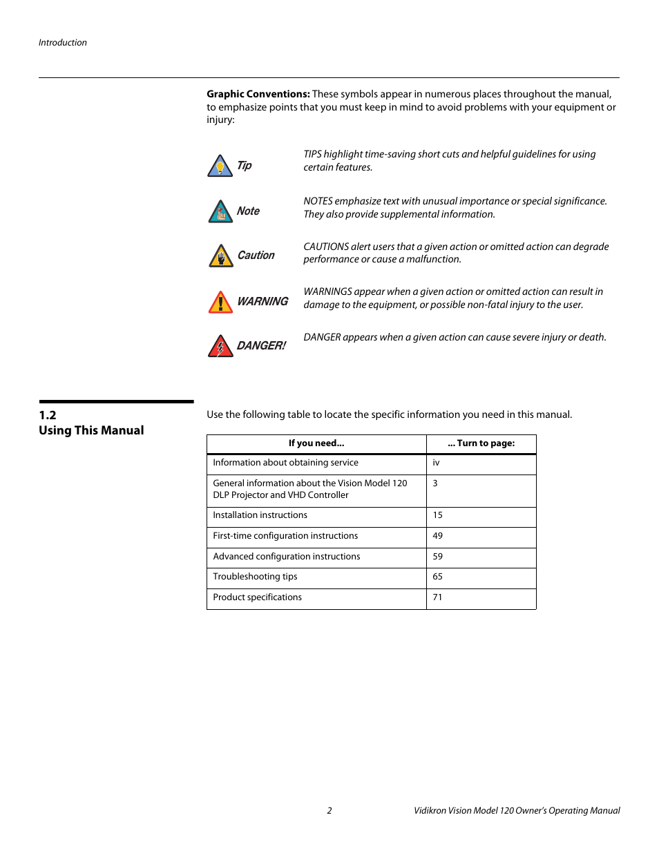 Graphic conventions, 2 using this manual, Using this manual | Pre l iminar y | Vidikron Vision v120 User Manual | Page 14 / 88