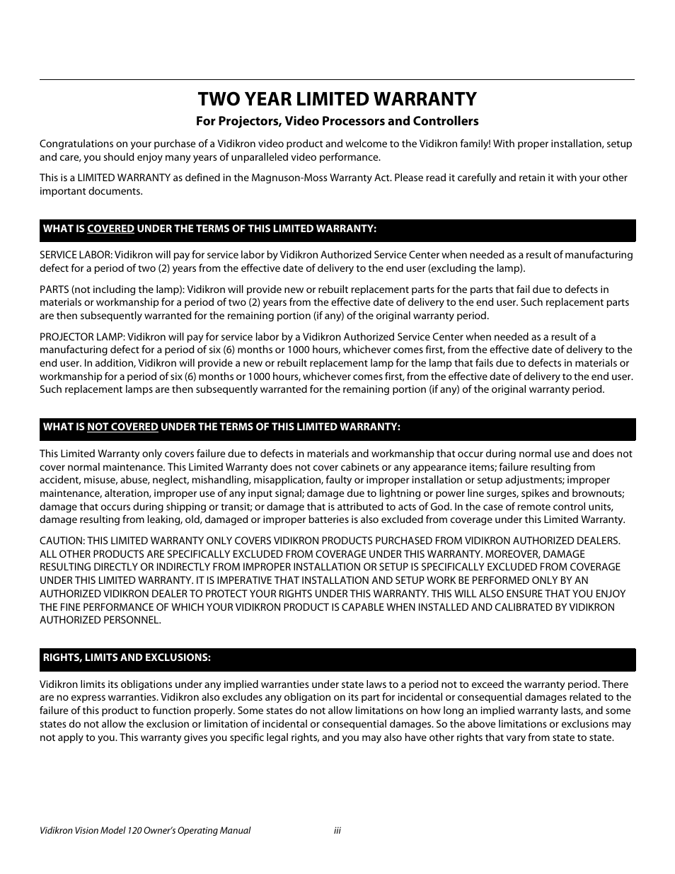 Two year limited warranty, Pre l iminar y | Vidikron Vision v120 User Manual | Page 3 / 88