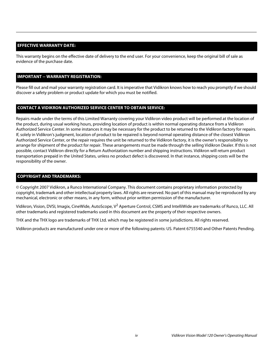 Pre l iminar y | Vidikron Vision v120 User Manual | Page 4 / 88