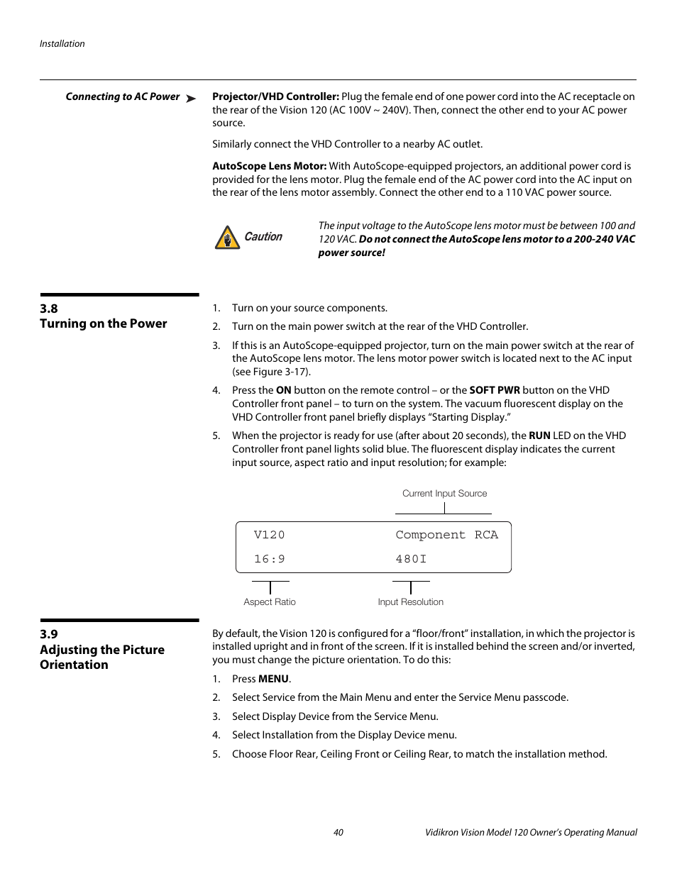 Connecting to ac power, Projector/vhd controller, Autoscope lens motor | 8 turning on the power, 9 adjusting the picture orientation, Turning on the power, Adjusting the picture orientation, Pre l iminar y | Vidikron Vision v120 User Manual | Page 52 / 88