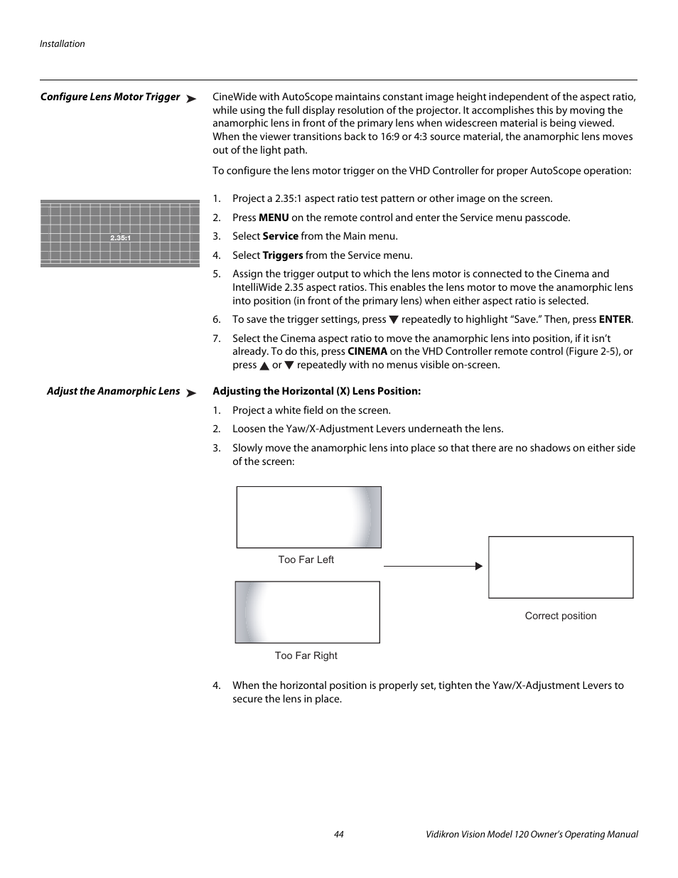 Configure lens motor trigger, Adjust the anamorphic lens, Adjusting the horizontal (x) lens position | Pre l iminar y | Vidikron Vision v120 User Manual | Page 56 / 88