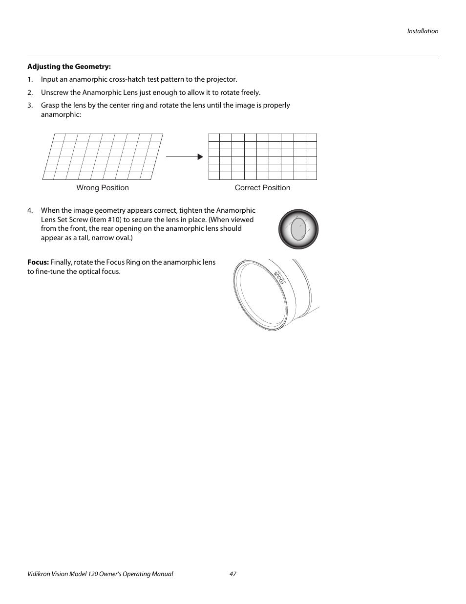 Adjusting the geometry, Focus, Pre l iminar y | Vidikron Vision v120 User Manual | Page 59 / 88