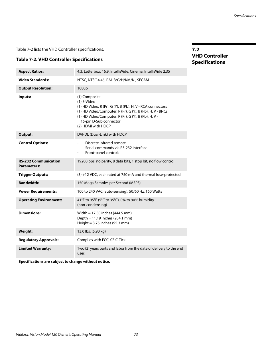 2 vhd controller specifications, Table 7-2 . vhd controller specifications, Vhd controller specifications | R to table 7-2, Pre l iminar y | Vidikron Vision v120 User Manual | Page 85 / 88