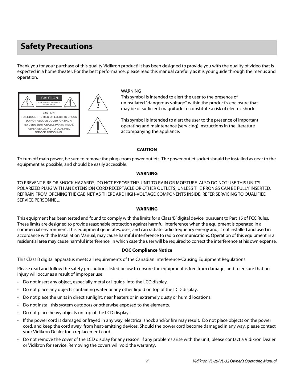 Safety precautions | Vidikron VL-26HD User Manual | Page 6 / 66
