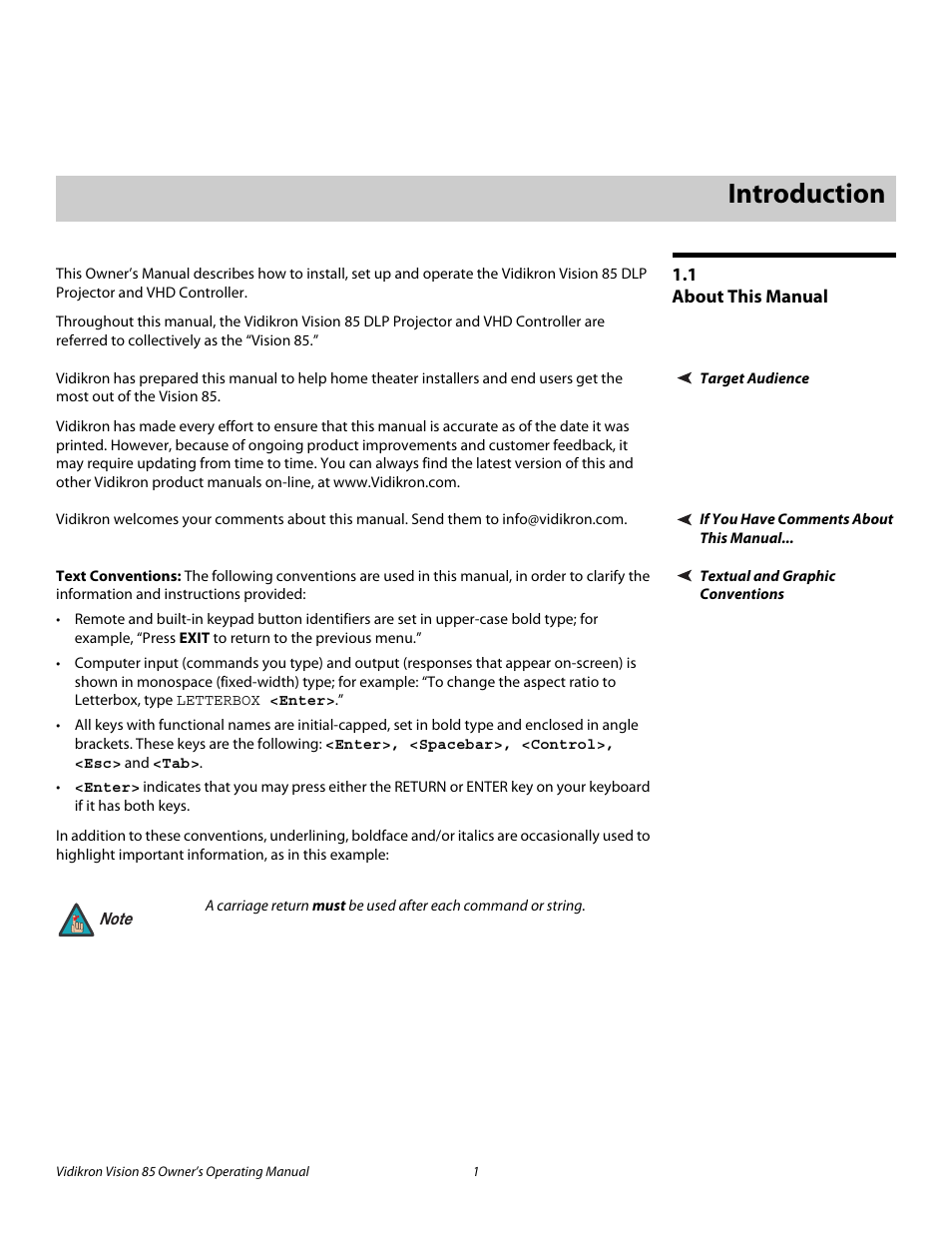 1 introduction, 1 about this manual, Target audience | If you have comments about this manual, Textual and graphic conventions, Text conventions, Introduction, About this manual, Pre l iminar y | Vidikron Vision Model 85 User Manual | Page 13 / 100