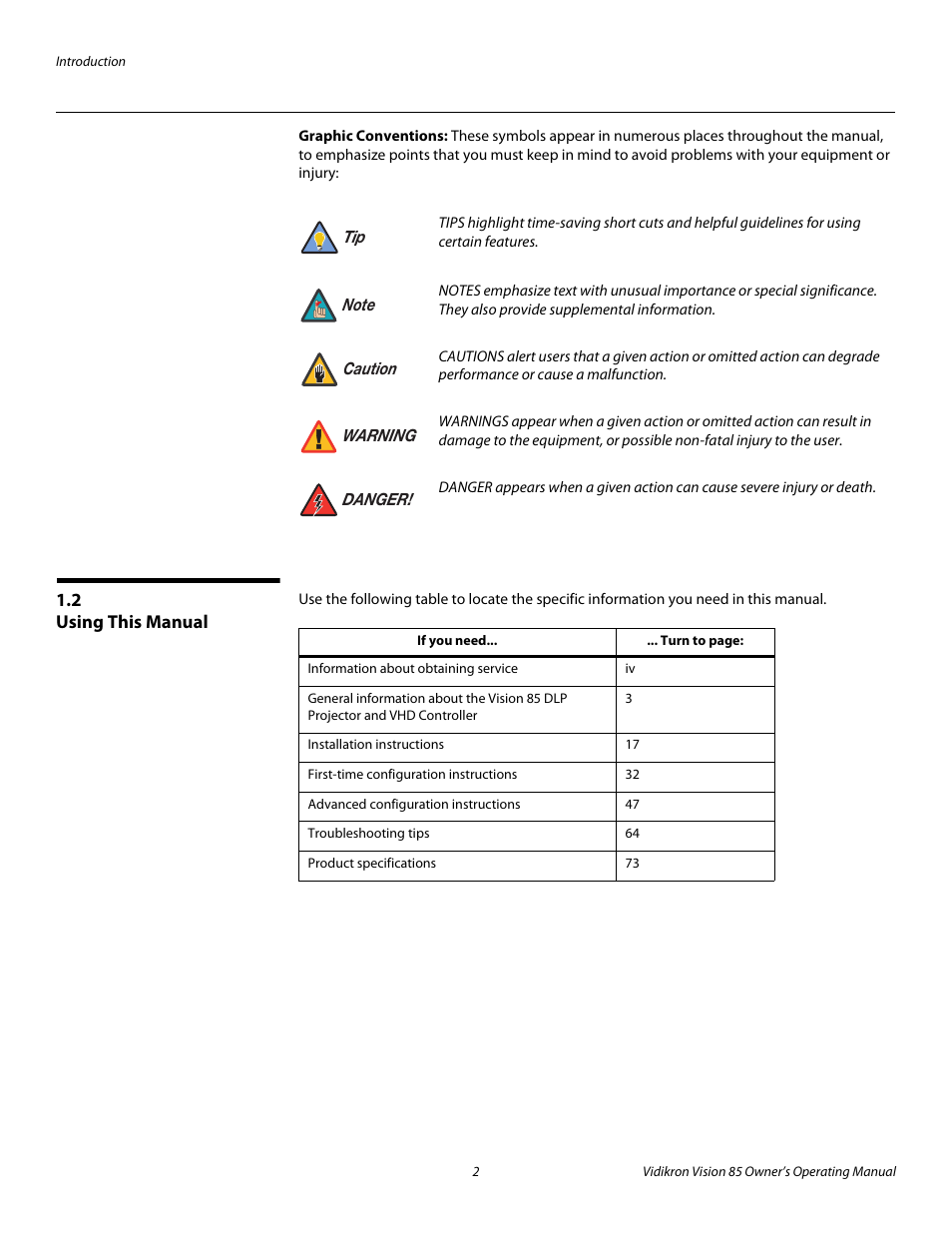 Graphic conventions, 2 using this manual, Using this manual | Pre l iminar y | Vidikron Vision Model 85 User Manual | Page 14 / 100