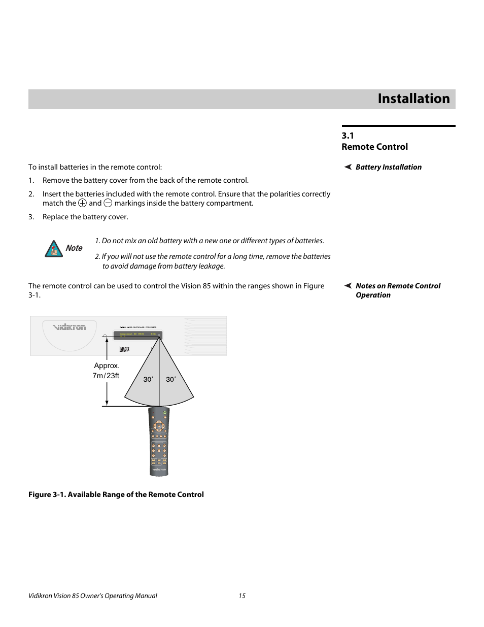 3 installation, 1 remote control, Battery installation | Notes on remote control operation, Figure 3-1 . available range of the remote control, Installation, Remote control, 1. available range of the remote control, Pre l iminar y | Vidikron Vision Model 85 User Manual | Page 27 / 100