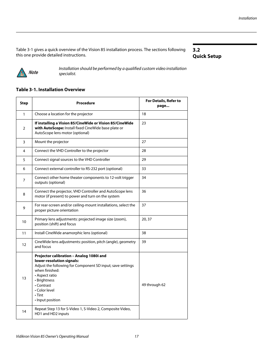 2 quick setup, Table 3-1 . installation overview, Quick setup | Pre l iminar y | Vidikron Vision Model 85 User Manual | Page 29 / 100