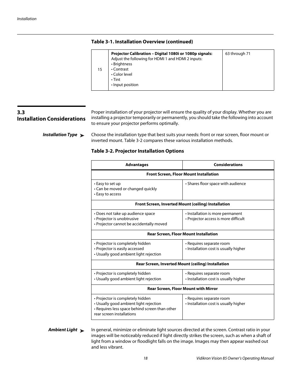 3 installation considerations, Installation type, Table 3-2 . projector installation options | Ambient light, Installation considerations, Pre l iminar y | Vidikron Vision Model 85 User Manual | Page 30 / 100