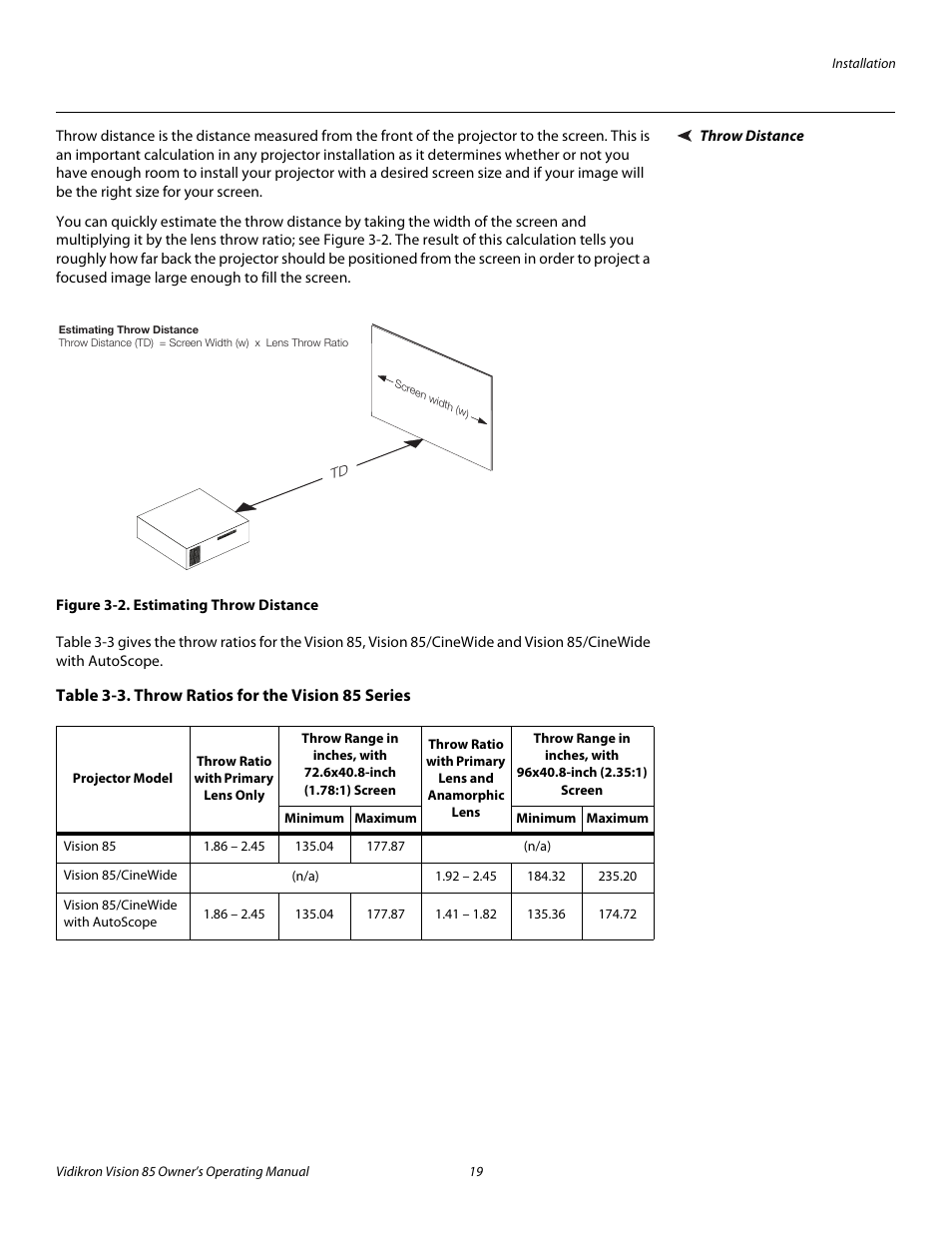 Throw distance, Figure 3-2 . estimating throw distance, Table 3-3 . throw ratios for the vision 85 series | 2. estimating throw distance, Pre l iminar y | Vidikron Vision Model 85 User Manual | Page 31 / 100