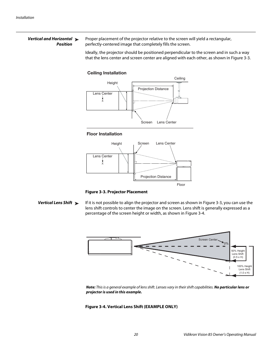 Vertical and horizontal position, Figure 3-3 . projector placement, Vertical lens shift | Figure 3-4 . vertical lens shift (example only), 3. projector placement, 4. vertical lens shift (example only), Pre l iminar y | Vidikron Vision Model 85 User Manual | Page 32 / 100