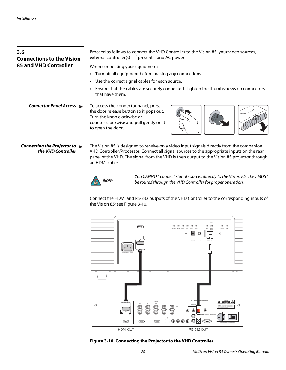 6 connections to the vision 85 and vhd controller, Connector panel access, Connecting the projector to the vhd controller | Connections to the vision 85 and vhd controller, 10. connecting the projector to the vhd controller, Pre l iminar y, Risk of electric shock do not open | Vidikron Vision Model 85 User Manual | Page 40 / 100