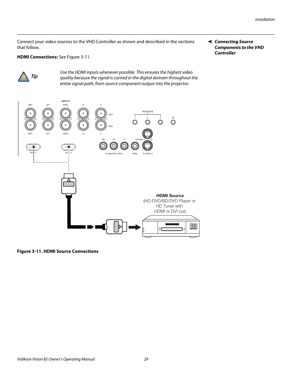 Connecting source components to the vhd controller, Hdmi connections, Figure 3-11 . hdmi source connections | 11. hdmi source connections, Pre l iminar y | Vidikron Vision Model 85 User Manual | Page 41 / 100