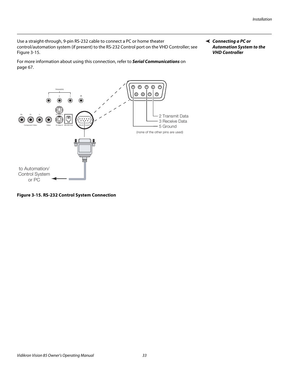 Figure 3-15 . rs-232 control system connection, 15. rs-232 control system connection, Pre l iminar y | Vidikron Vision Model 85 User Manual | Page 45 / 100