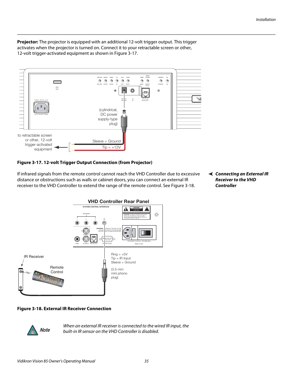 Projector, Figure 3-18 . external ir receiver connection, 18. external ir receiver connection | Pre l iminar y, Vhd controller rear panel | Vidikron Vision Model 85 User Manual | Page 47 / 100