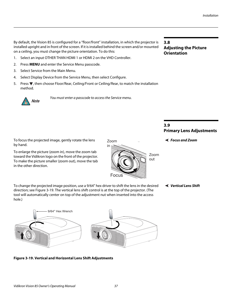 8 adjusting the picture orientation, 9 primary lens adjustments, Focus and zoom | Vertical lens shift, Iminar, Adjusting the picture orientation, Primary lens adjustments, 19. vertical and horizontal lens shift adjustments, Pre l iminar y | Vidikron Vision Model 85 User Manual | Page 49 / 100