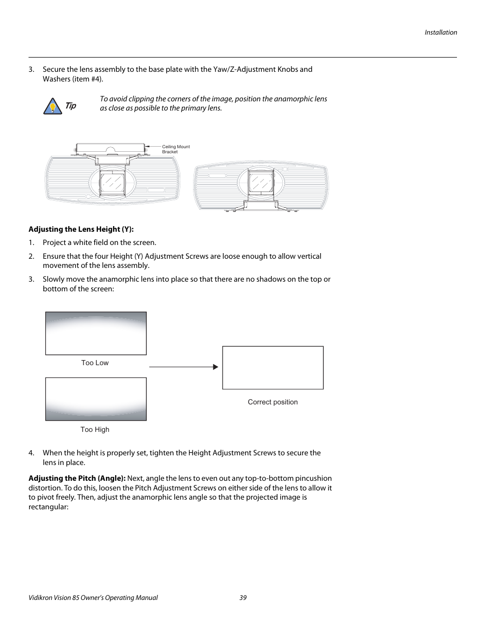 Adjusting the lens height (y), Adjusting the pitch (angle), Pre l iminar y | Vidikron Vision Model 85 User Manual | Page 51 / 100