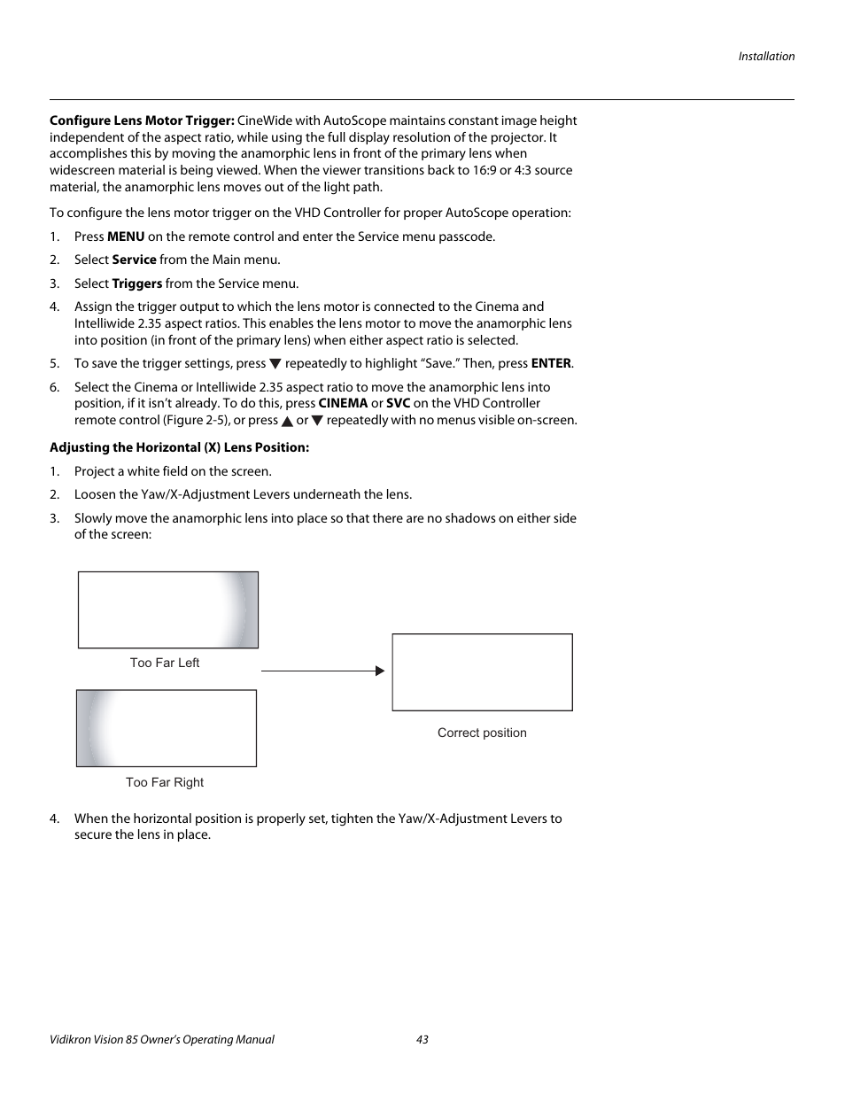 Configure lens motor trigger, Adjusting the horizontal (x) lens position, Pre l iminar y | Vidikron Vision Model 85 User Manual | Page 55 / 100