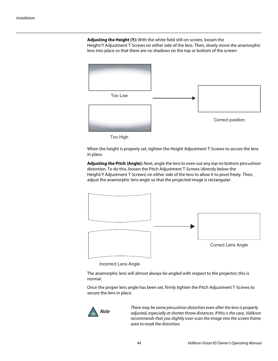 Adjusting the height (y), Adjusting the pitch (angle), Pre l iminar y | Vidikron Vision Model 85 User Manual | Page 56 / 100