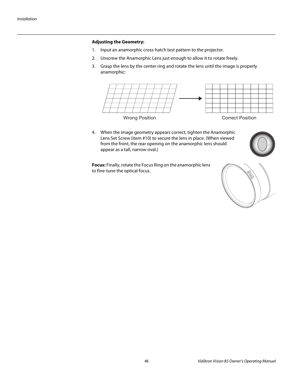 Adjusting the geometry, Focus, Pre l iminar y | Vidikron Vision Model 85 User Manual | Page 58 / 100