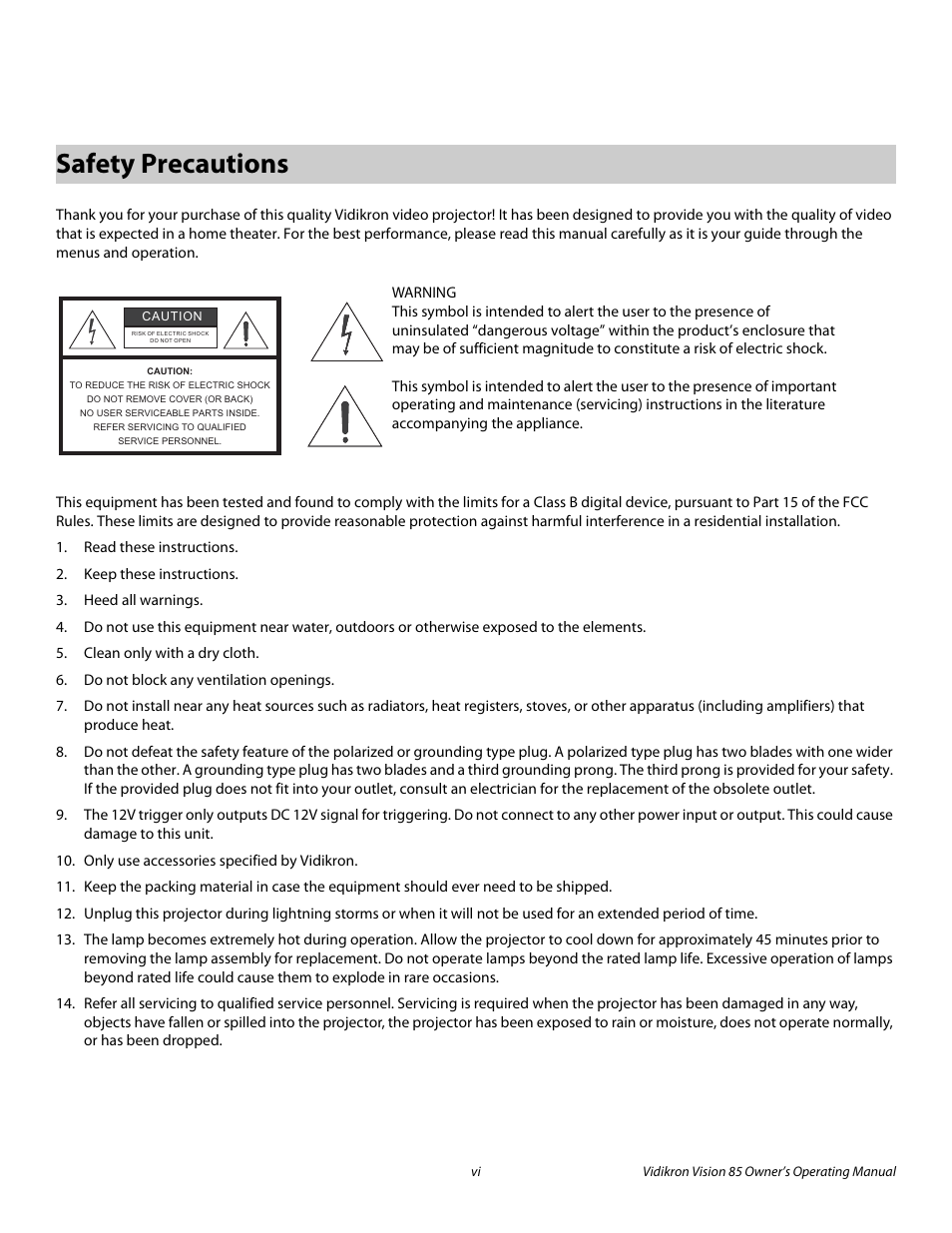 Safety precautions, Pre l iminar y | Vidikron Vision Model 85 User Manual | Page 6 / 100