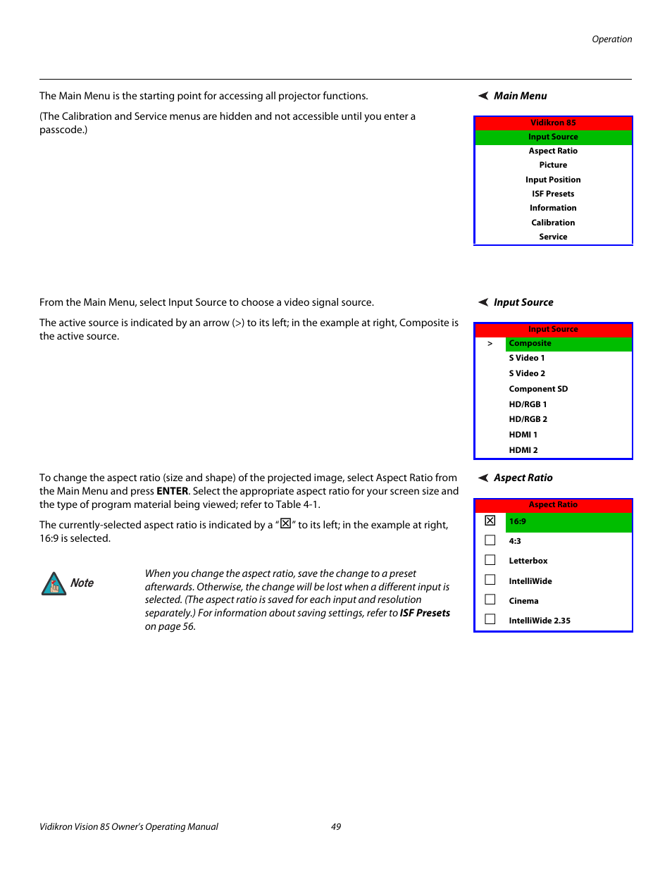 Main menu, Input source, Aspect ratio | 49 through, Pre l iminar y | Vidikron Vision Model 85 User Manual | Page 61 / 100