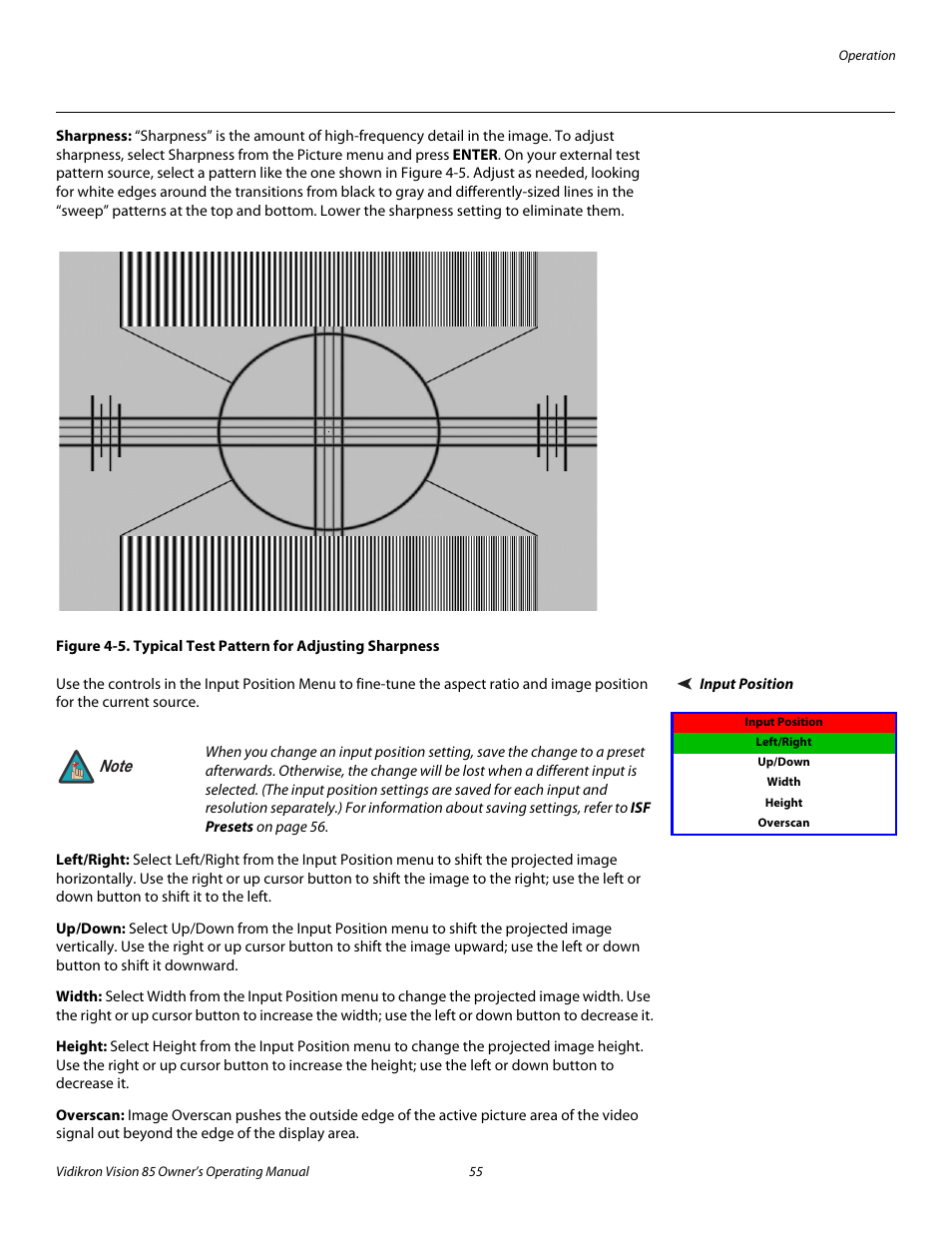 Sharpness, Input position, Left/right | Up/down, Width, Height, Overscan, 5. typical test pattern for adjusting sharpness, Pre l iminar y | Vidikron Vision Model 85 User Manual | Page 67 / 100