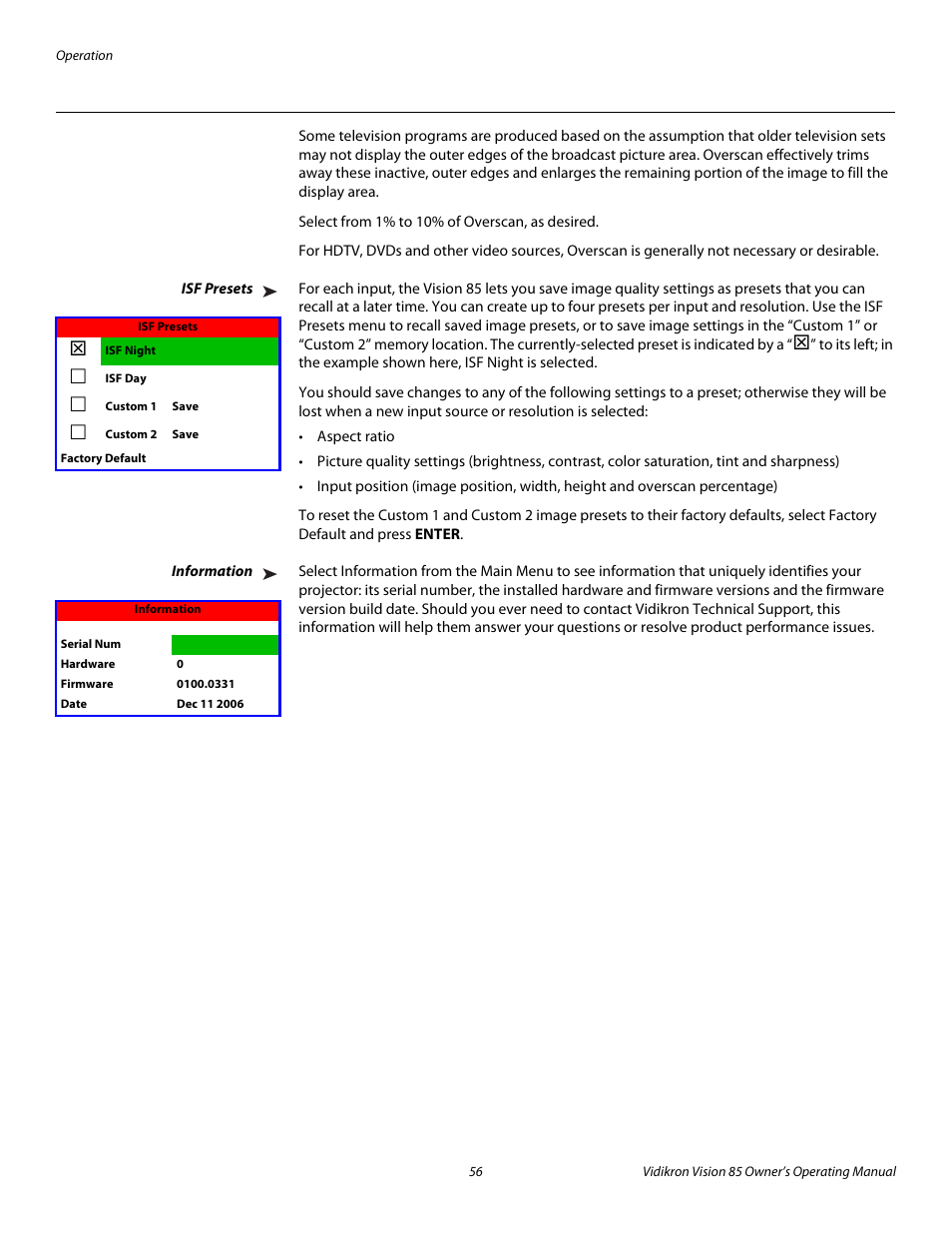 Isf presets, Information, Pre l iminar y | Vidikron Vision Model 85 User Manual | Page 68 / 100