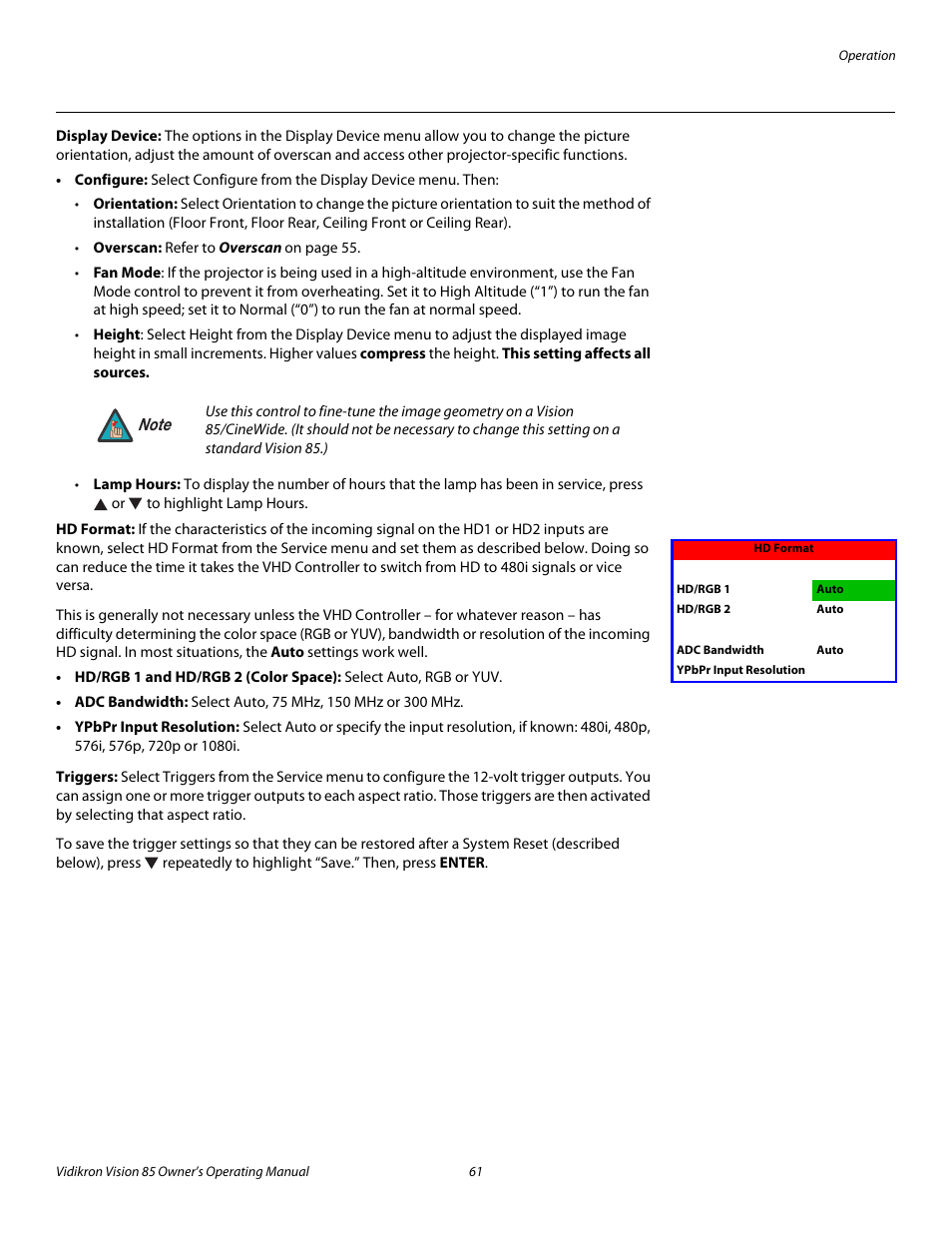 Display device, Hd format, Triggers | Pre l iminar y | Vidikron Vision Model 85 User Manual | Page 73 / 100