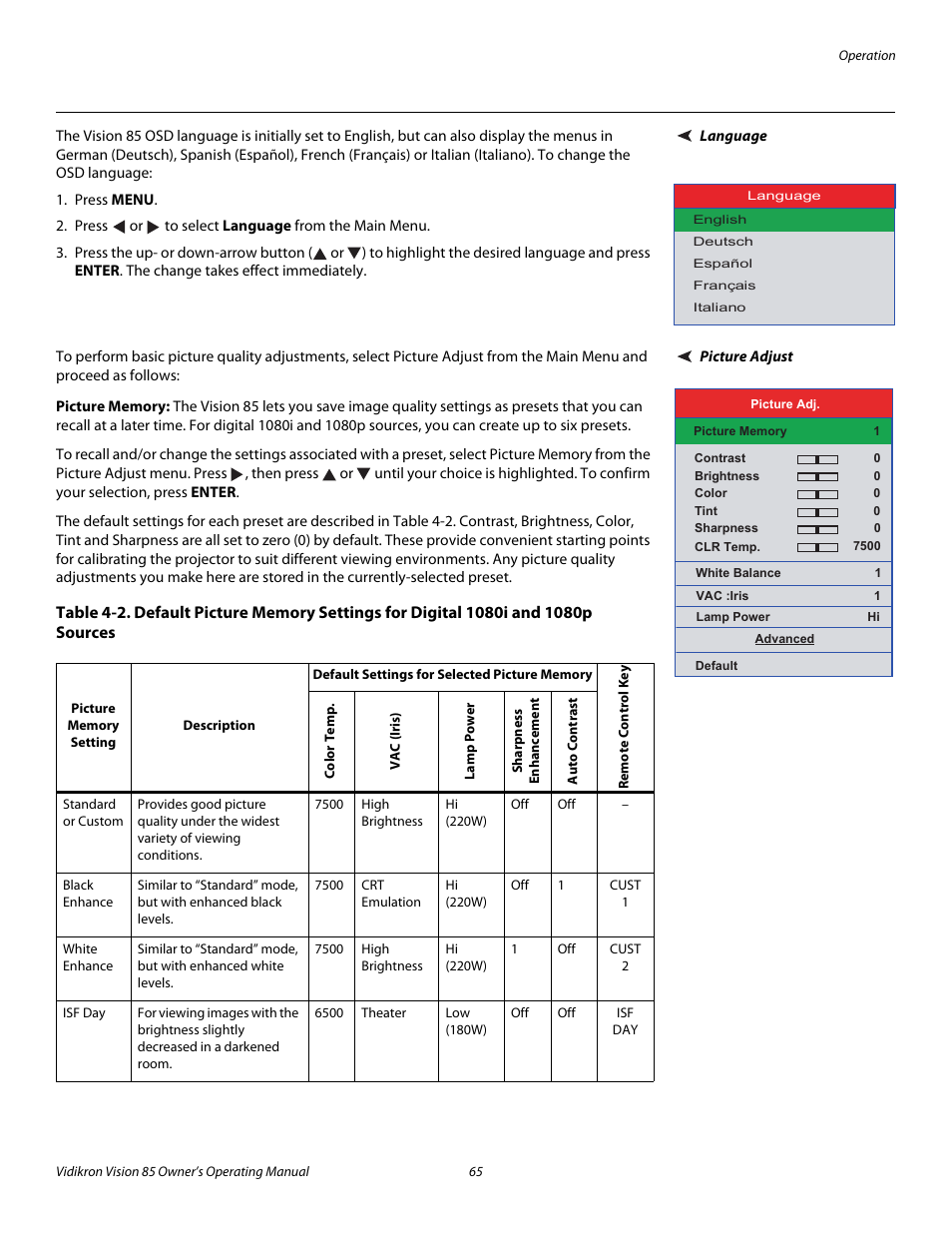 Language, Picture adjust, Picture memory | Pre l iminar y | Vidikron Vision Model 85 User Manual | Page 77 / 100