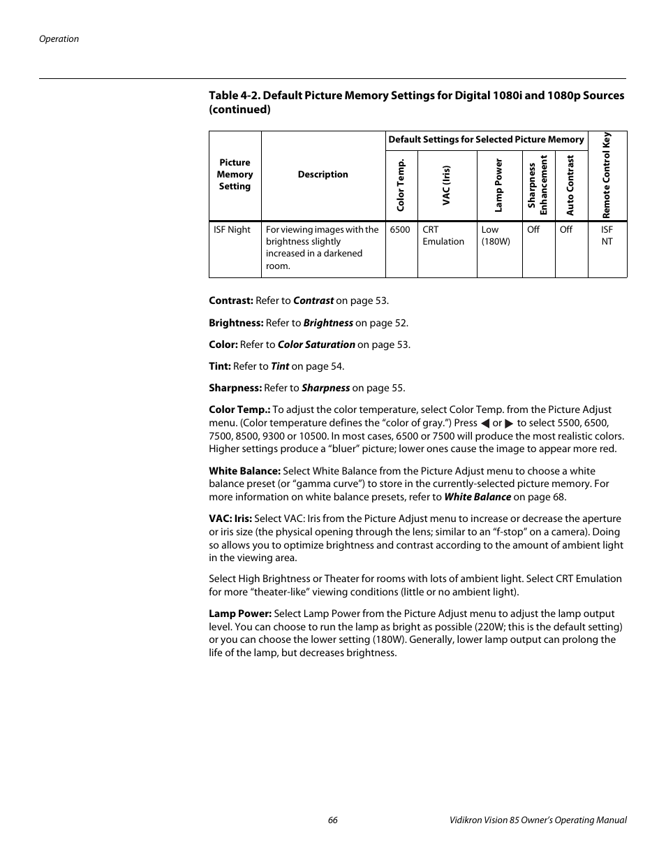 Contrast, Brightness, Color | Tint, Sharpness, Color temp, White balance, Vac: iris, Lamp power, Pre l iminar y | Vidikron Vision Model 85 User Manual | Page 78 / 100