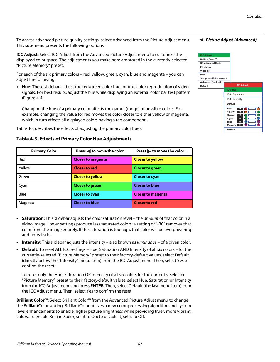 Picture adjust (advanced), Icc adjust, Brilliant color | Pre l iminar y | Vidikron Vision Model 85 User Manual | Page 79 / 100